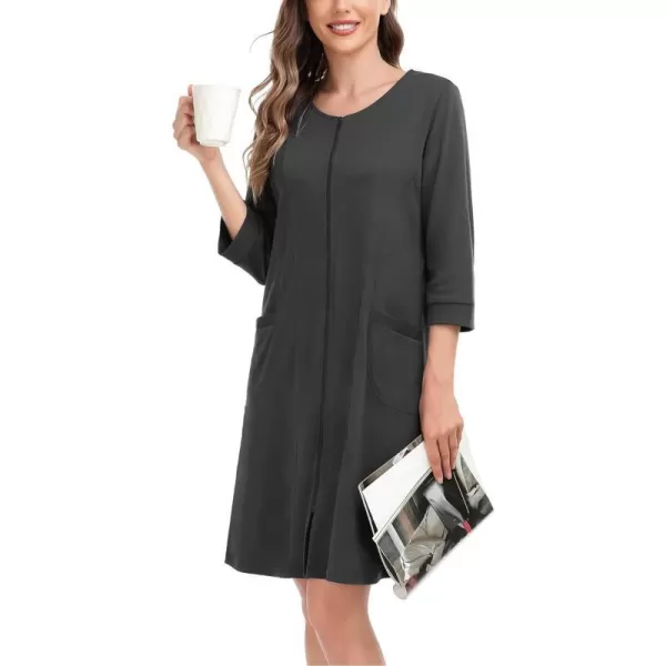 SWOMOG Women Zip Up Robe 34 Sleeve Housecoat Soft Cotton Zipper Front Nightgown Loungewear with PocketsDeep Grey