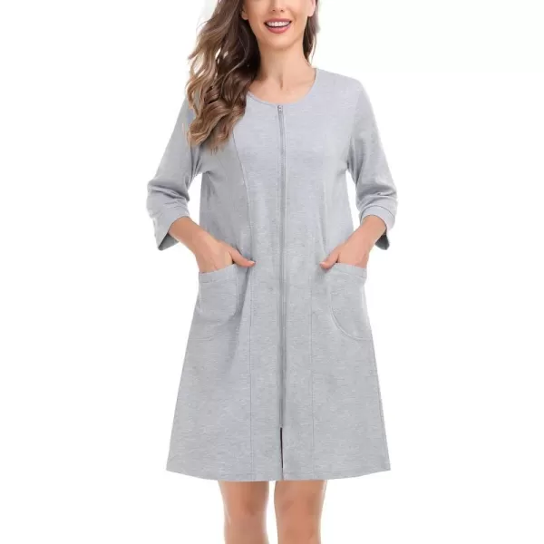 SWOMOG Women Zip Up Robe 34 Sleeve Housecoat Soft Cotton Zipper Front Nightgown Loungewear with PocketsGrey