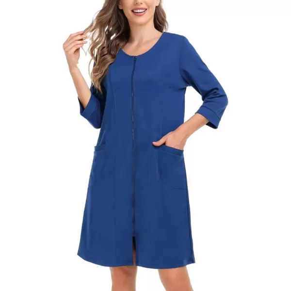 SWOMOG Women Zip Up Robe 34 Sleeve Housecoat Soft Cotton Zipper Front Nightgown Loungewear with PocketsNavy