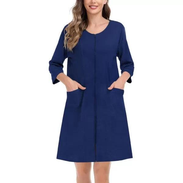 SWOMOG Women Zip Up Robe 34 Sleeve Housecoat Soft Cotton Zipper Front Nightgown Loungewear with PocketsNavy Blue