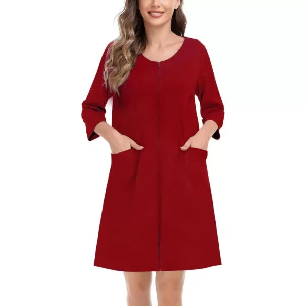 SWOMOG Women Zip Up Robe 34 Sleeve Housecoat Soft Cotton Zipper Front Nightgown Loungewear with PocketsRed