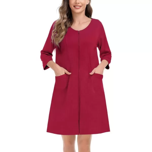 SWOMOG Women Zip Up Robe 34 Sleeve Housecoat Soft Cotton Zipper Front Nightgown Loungewear with PocketsWine Red