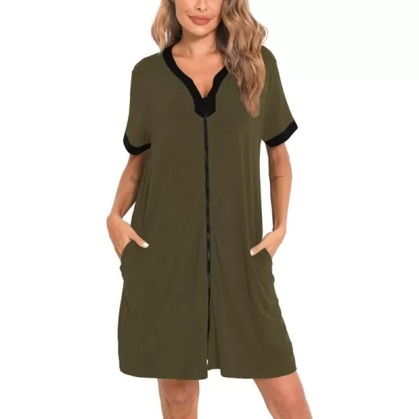 SWOMOG Women Zipper Front House Coat Short Sleeves Robe Zip up Bathrobes Short Nightgown with PocketsArmy Green