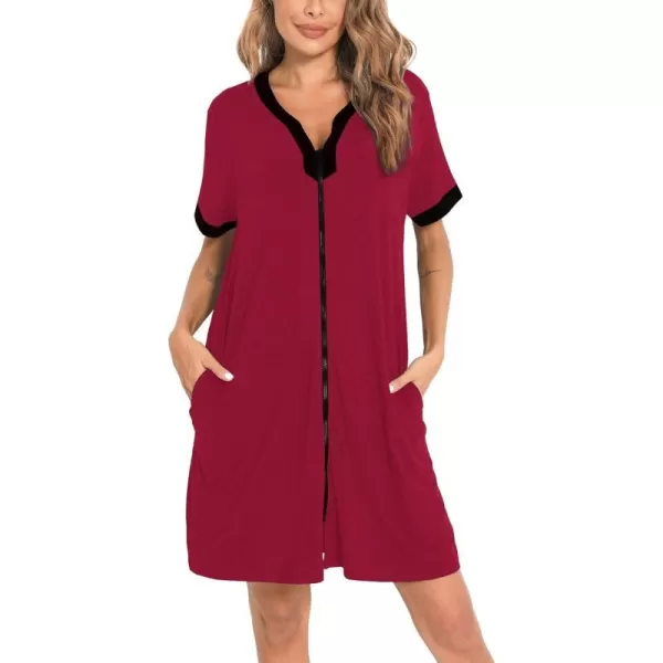 SWOMOG Women Zipper Front House Coat Short Sleeves Robe Zip up Bathrobes Short Nightgown with PocketsAwine Red