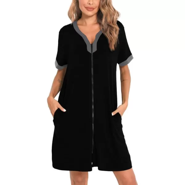 SWOMOG Women Zipper Front House Coat Short Sleeves Robe Zip up Bathrobes Short Nightgown with PocketsBlack