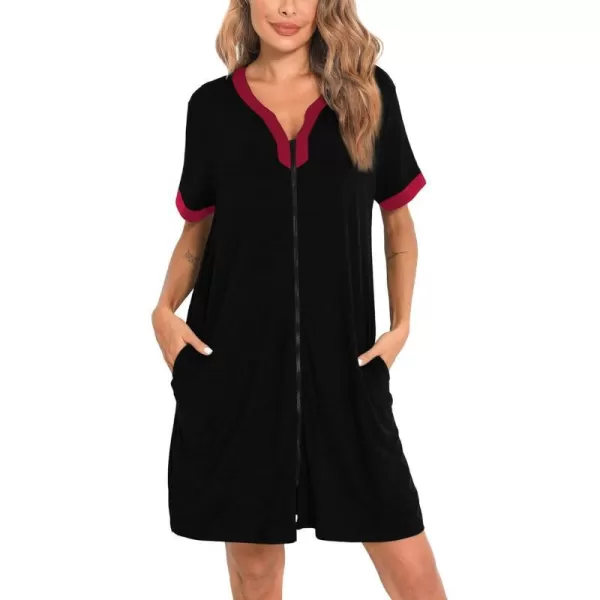 SWOMOG Women Zipper Front House Coat Short Sleeves Robe Zip up Bathrobes Short Nightgown with PocketsBlack Red