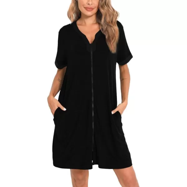 SWOMOG Women Zipper Front House Coat Short Sleeves Robe Zip up Bathrobes Short Nightgown with PocketsBlacka