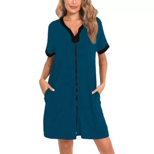 SWOMOG Women Zipper Front House Coat Short Sleeves Robe Zip up Bathrobes Short Nightgown with PocketsBlue Green