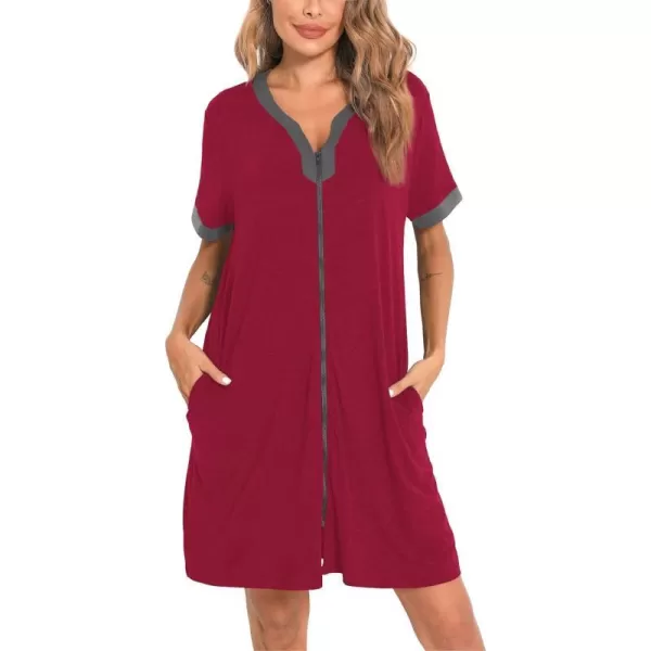 SWOMOG Women Zipper Front House Coat Short Sleeves Robe Zip up Bathrobes Short Nightgown with PocketsBurgundy