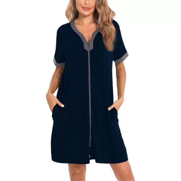 SWOMOG Women Zipper Front House Coat Short Sleeves Robe Zip up Bathrobes Short Nightgown with PocketsDeep Navy Blue