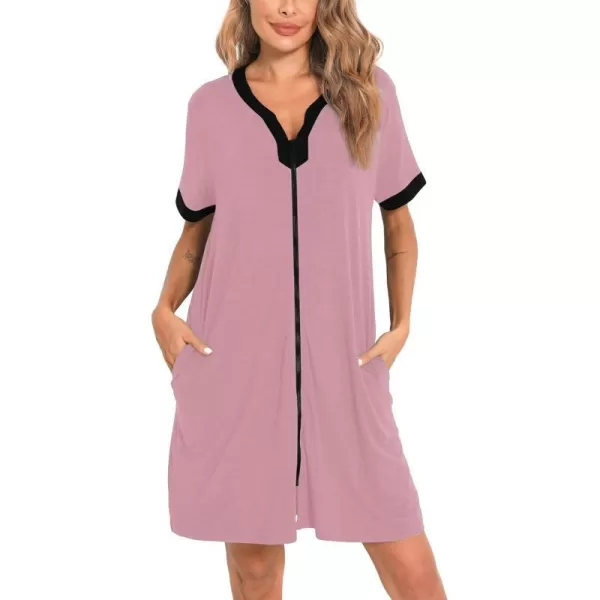 SWOMOG Women Zipper Front House Coat Short Sleeves Robe Zip up Bathrobes Short Nightgown with PocketsTaro Purple