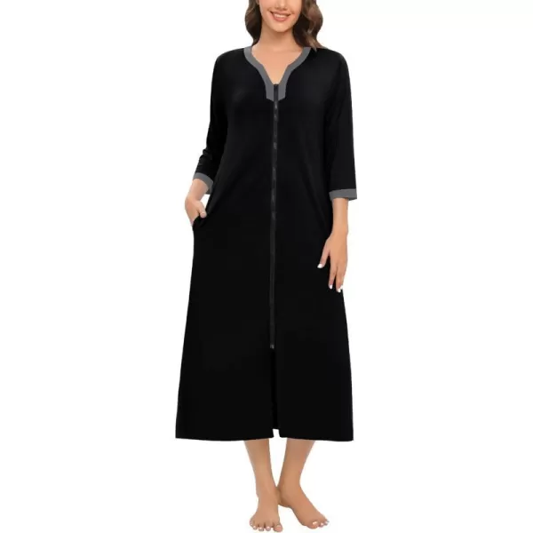 SWOMOG Women Zipper Robes 34 Sleeves Housecoat Zip Up Bathrobes Full Length Nightgown Loungewear with PocketsBlack