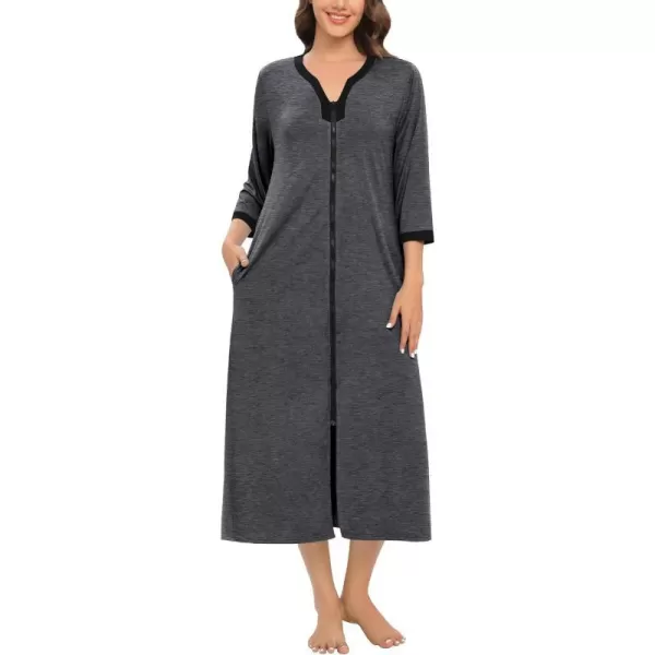 SWOMOG Women Zipper Robes 34 Sleeves Housecoat Zip Up Bathrobes Full Length Nightgown Loungewear with PocketsDeep Grey