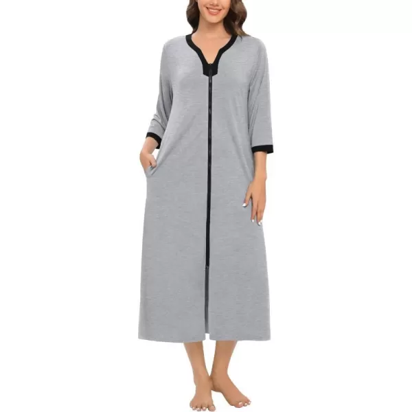 SWOMOG Women Zipper Robes 34 Sleeves Housecoat Zip Up Bathrobes Full Length Nightgown Loungewear with PocketsGrey