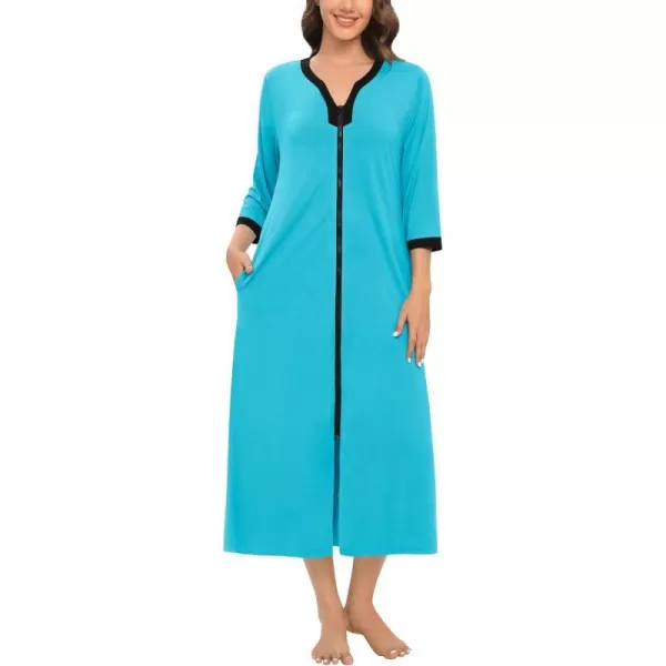 SWOMOG Women Zipper Robes 34 Sleeves Housecoat Zip Up Bathrobes Full Length Nightgown Loungewear with PocketsPeacock Blue