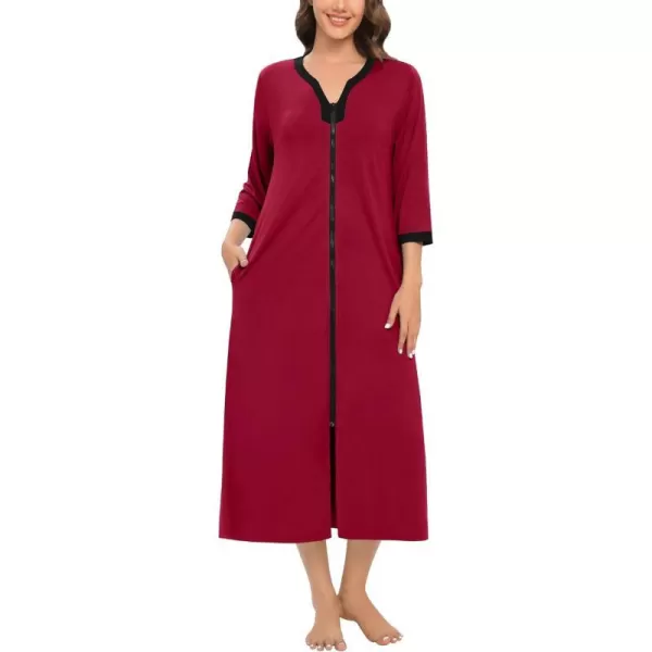 SWOMOG Women Zipper Robes 34 Sleeves Housecoat Zip Up Bathrobes Full Length Nightgown Loungewear with PocketsWine Red