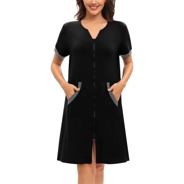 SWOMOG Women Zipper Up Robe Short Sleeves Nightgown Zip Front Housecoat Soft Bathrobe with PocketsBlack