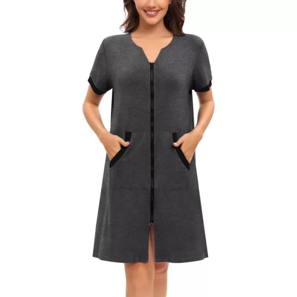 SWOMOG Women Zipper Up Robe Short Sleeves Nightgown Zip Front Housecoat Soft Bathrobe with PocketsDeep Grey