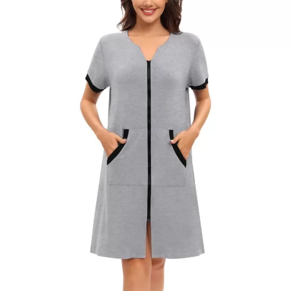 SWOMOG Women Zipper Up Robe Short Sleeves Nightgown Zip Front Housecoat Soft Bathrobe with PocketsGrey