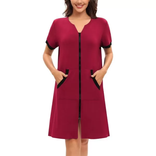 SWOMOG Women Zipper Up Robe Short Sleeves Nightgown Zip Front Housecoat Soft Bathrobe with PocketsWine Red