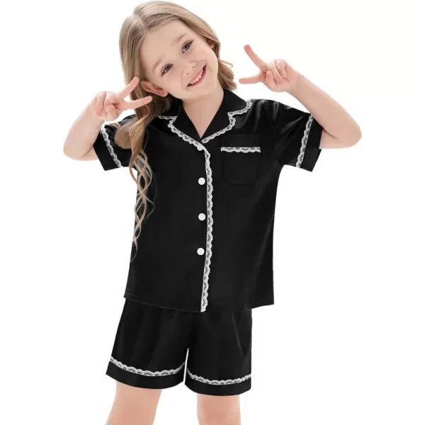 SWOMOG Women amp Girls Silk Satin Pajamas Set 2 Pcs Lace Pjs Button Down Sleepwear Nightwear Gifts for KidMom Mothers DayKids Black