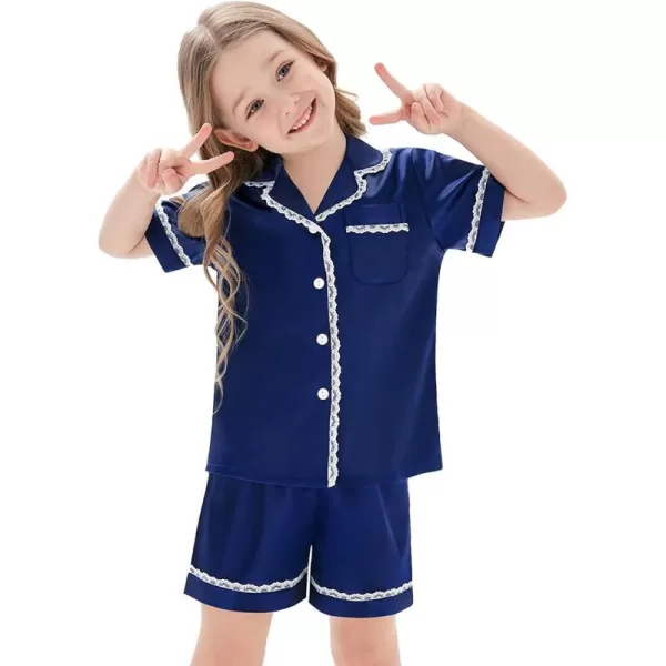 SWOMOG Women amp Girls Silk Satin Pajamas Set 2 Pcs Lace Pjs Button Down Sleepwear Nightwear Gifts for KidMom Mothers DayKids Navy Blue