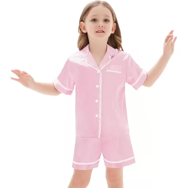 SWOMOG Women amp Girls Silk Satin Pajamas Set 2 Pcs Lace Pjs Button Down Sleepwear Nightwear Gifts for KidMom Mothers DayKids Pink