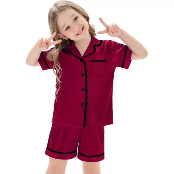 SWOMOG Women amp Girls Silk Satin Pajamas Set 2 Pcs Lace Pjs Button Down Sleepwear Nightwear Gifts for KidMom Mothers DayKids Wine Red