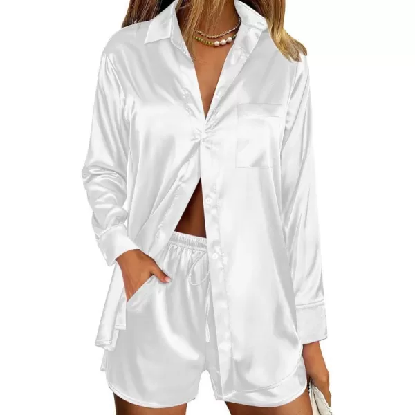 SWOMOG Womens 2 Piece Outfits Silk Button Down Long Sleeve Shirts And Shorts Satin Pajamas Summer Lounge Sets With PocketsWhite