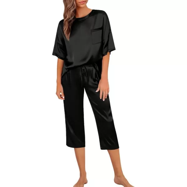 SWOMOG Womens 2 Piece Satin Pajamas Silk Short Sleeve Pjs Sets Capri Bottom Pajama Pants Loose Outfit with PocketsBlack