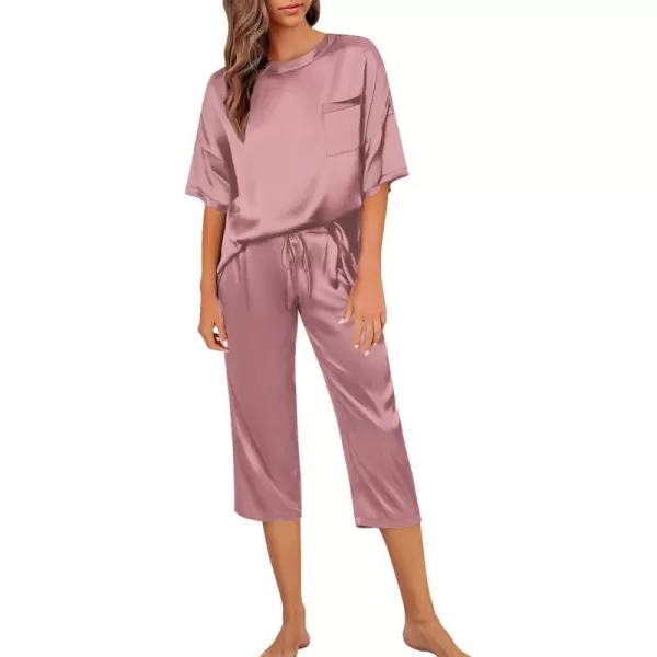 SWOMOG Womens 2 Piece Satin Pajamas Silk Short Sleeve Pjs Sets Capri Bottom Pajama Pants Loose Outfit with PocketsMisty Rose