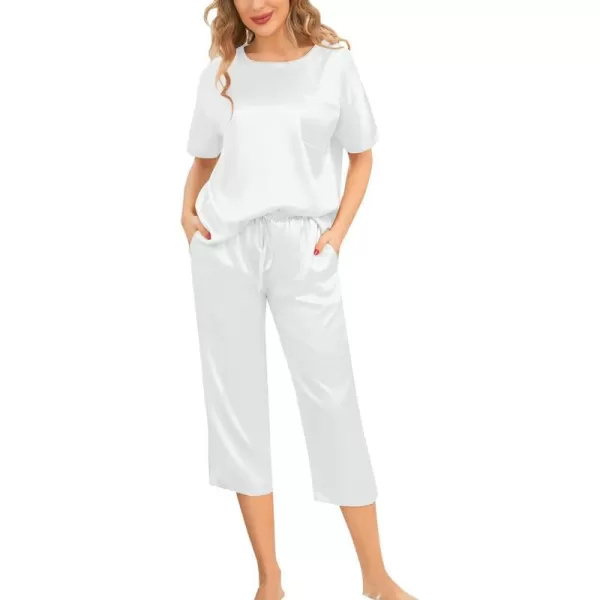 SWOMOG Womens 2 Piece Satin Pajamas Silk Short Sleeve Pjs Sets Capri Bottom Pajama Pants Loose Outfit with PocketsWhite