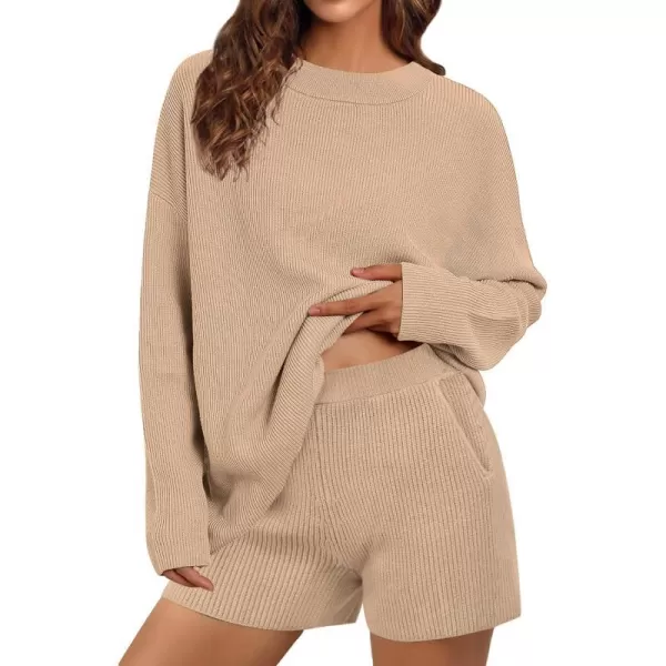 SWOMOG Womens 2 Piece Sweater Sets Outfits Long Sleeve Pajamas Set Knit Top and Shorts Matching Lounge Set with PocketsApricot