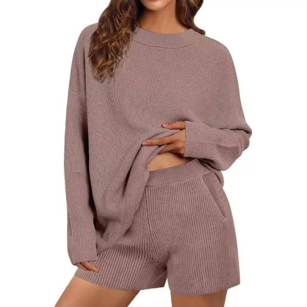 SWOMOG Womens 2 Piece Sweater Sets Outfits Long Sleeve Pajamas Set Knit Top and Shorts Matching Lounge Set with PocketsCoffee