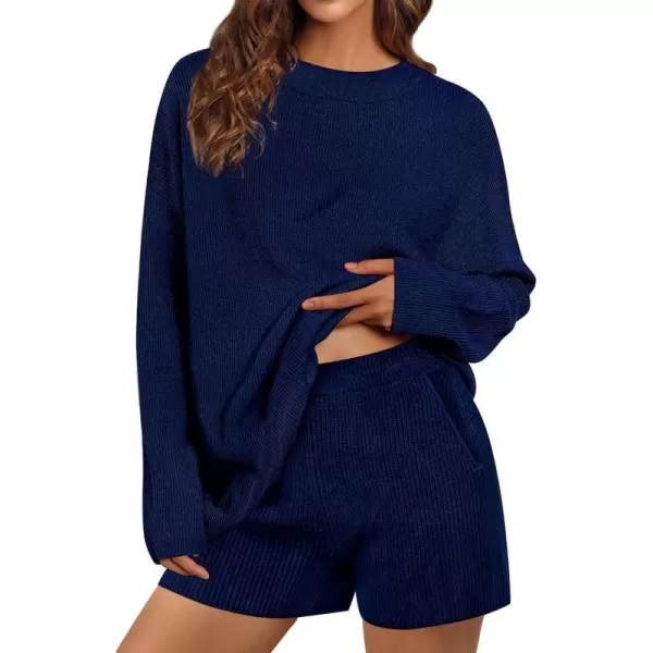 SWOMOG Womens 2 Piece Sweater Sets Outfits Long Sleeve Pajamas Set Knit Top and Shorts Matching Lounge Set with PocketsNavy Blue