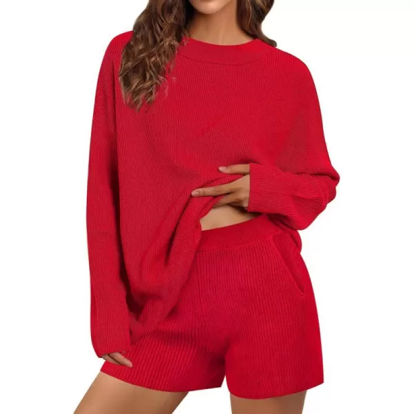 SWOMOG Womens 2 Piece Sweater Sets Outfits Long Sleeve Pajamas Set Knit Top and Shorts Matching Lounge Set with PocketsRed