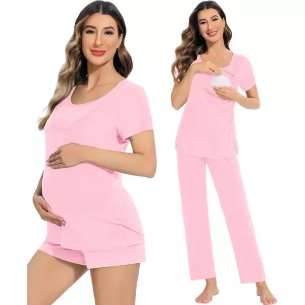 SWOMOG Womens 3 PCS Nursing Pajama Set Maternity Pjs Set Short Sleeve Breastfeeding Pregnancy Sleepwear with PocketsPink