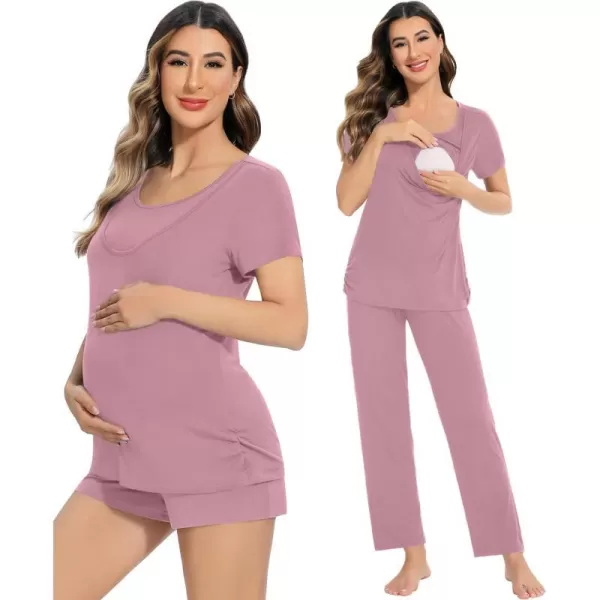 SWOMOG Womens 3 PCS Nursing Pajama Set Maternity Pjs Set Short Sleeve Breastfeeding Pregnancy Sleepwear with PocketsTaro Purple