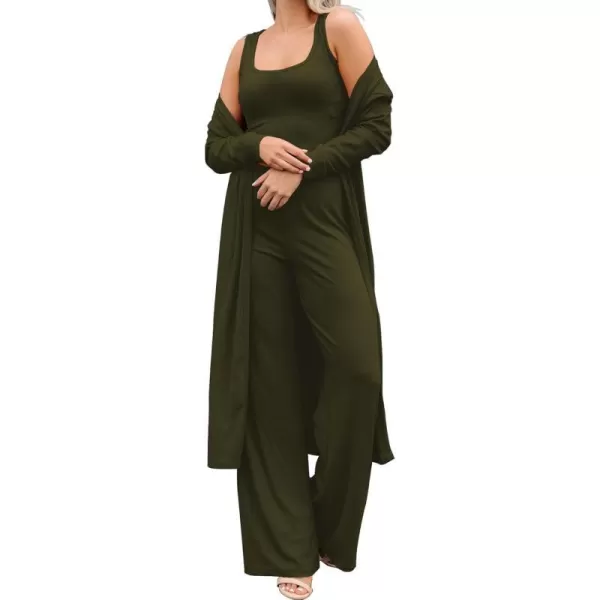 SWOMOG Womens 3 Piece Matching Set Ribbed Knit Lounge Sets Tank Cardigan and Pants Pajamas Loungewear Outfits with PocketsArmy Green