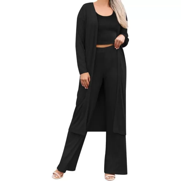 SWOMOG Womens 3 Piece Matching Set Ribbed Knit Lounge Sets Tank Cardigan and Pants Pajamas Loungewear Outfits with PocketsBlack