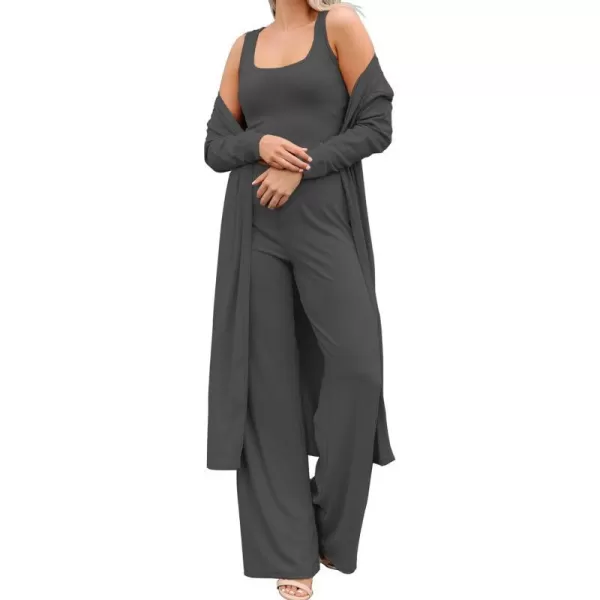 SWOMOG Womens 3 Piece Matching Set Ribbed Knit Lounge Sets Tank Cardigan and Pants Pajamas Loungewear Outfits with PocketsDark Gray