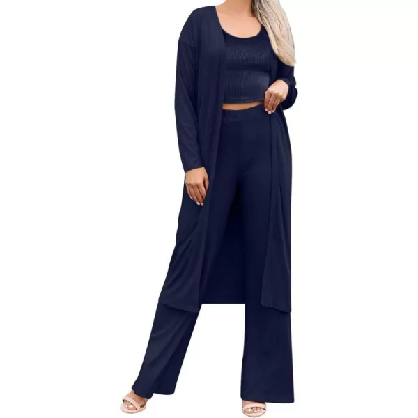 SWOMOG Womens 3 Piece Matching Set Ribbed Knit Lounge Sets Tank Cardigan and Pants Pajamas Loungewear Outfits with PocketsNavy Blue