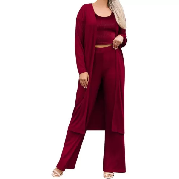 SWOMOG Womens 3 Piece Matching Set Ribbed Knit Lounge Sets Tank Cardigan and Pants Pajamas Loungewear Outfits with PocketsWine Red