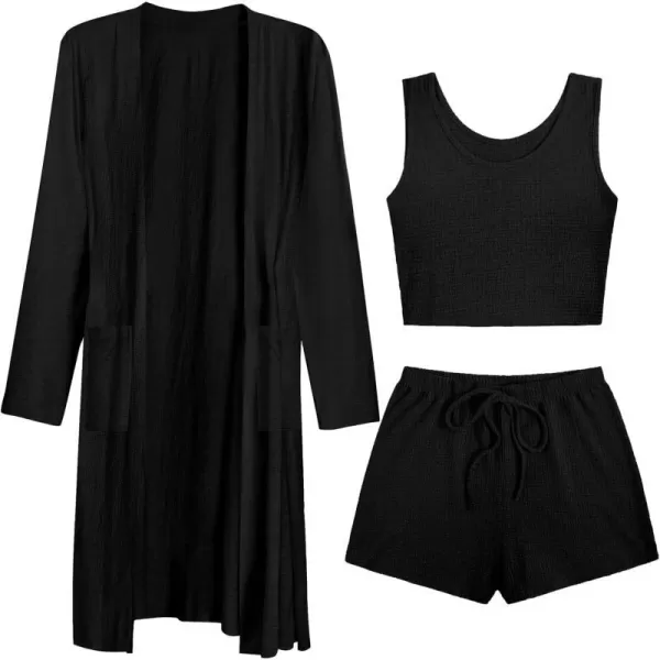 SWOMOG Womens 3 Pieces Lounge Sets Waffle Matching Sets Loose Outfits Tracksuits Cardigan Crop Top and ShortsBlack