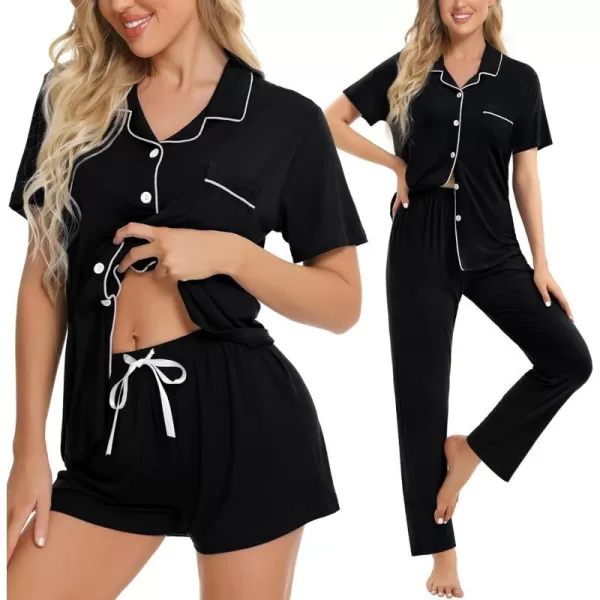 SWOMOG Womens 3pcs Button Down Pajamas Set Short Sleeve Sleepwear Bride Soft Pj Lounge Sets with Long PantsBlack