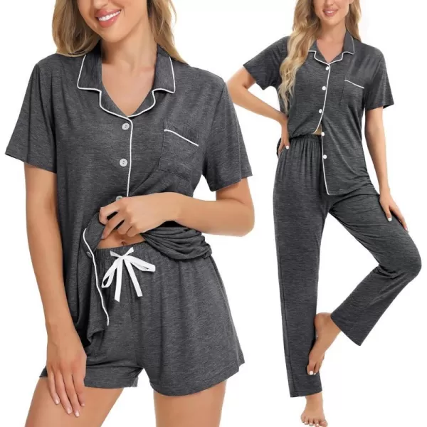 SWOMOG Womens 3pcs Button Down Pajamas Set Short Sleeve Sleepwear Bride Soft Pj Lounge Sets with Long PantsDeep Grey