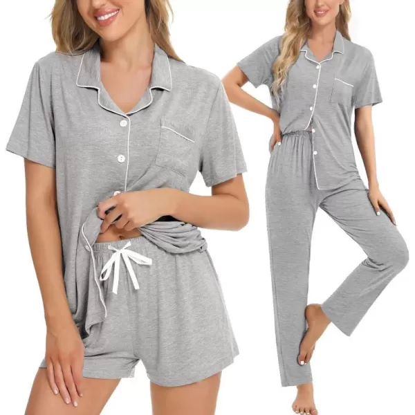 SWOMOG Womens 3pcs Button Down Pajamas Set Short Sleeve Sleepwear Bride Soft Pj Lounge Sets with Long PantsGrey