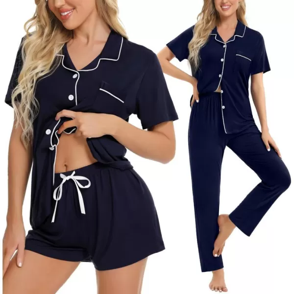 SWOMOG Womens 3pcs Button Down Pajamas Set Short Sleeve Sleepwear Bride Soft Pj Lounge Sets with Long PantsNavy Blue