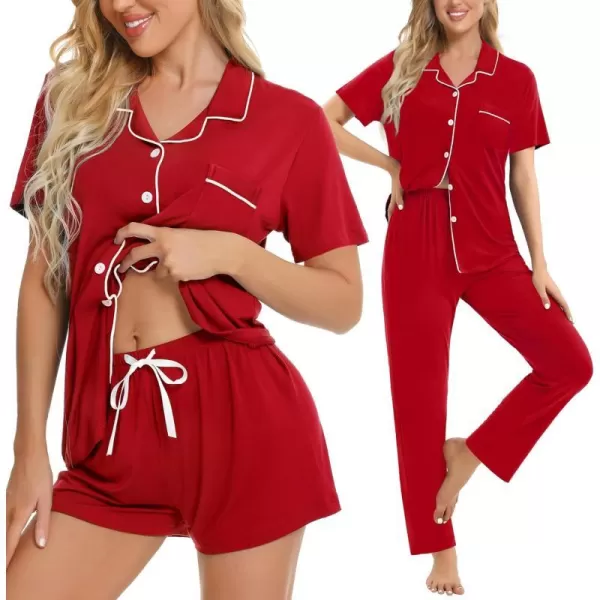 SWOMOG Womens 3pcs Button Down Pajamas Set Short Sleeve Sleepwear Bride Soft Pj Lounge Sets with Long PantsRed