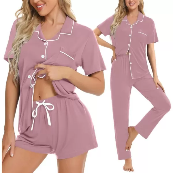 SWOMOG Womens 3pcs Button Down Pajamas Set Short Sleeve Sleepwear Bride Soft Pj Lounge Sets with Long PantsTaro Purple